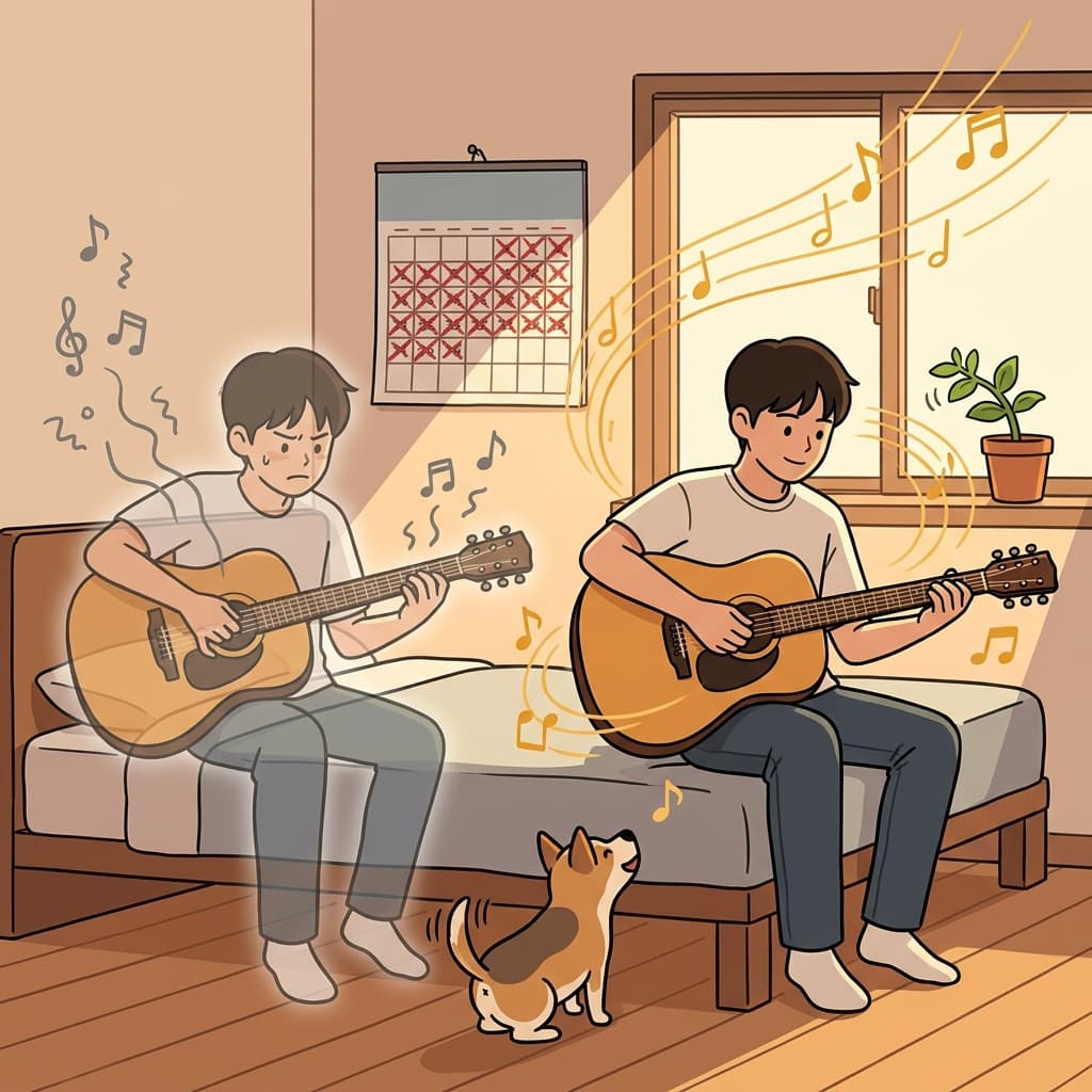 매일 연습하니까 기타 실력이 눈에 띄게 늘었다.