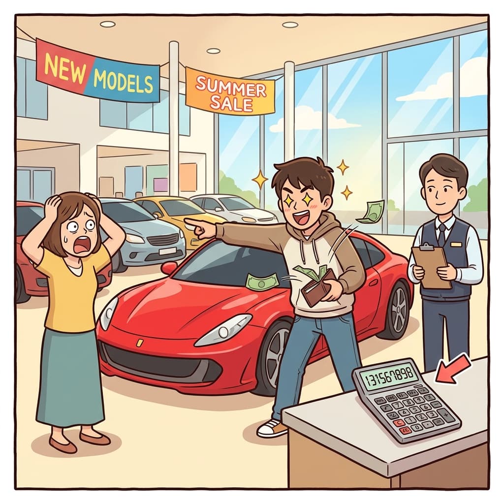 그는 빨간 스포츠카를 충동적으로 사버렸다.
