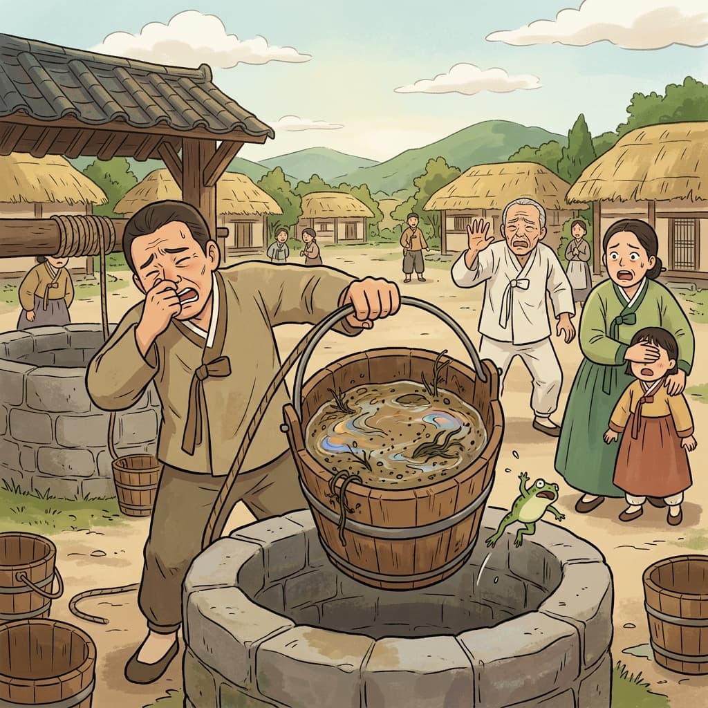 마을 사람들이 오염된 우물물을 마시지 않으려 한다.