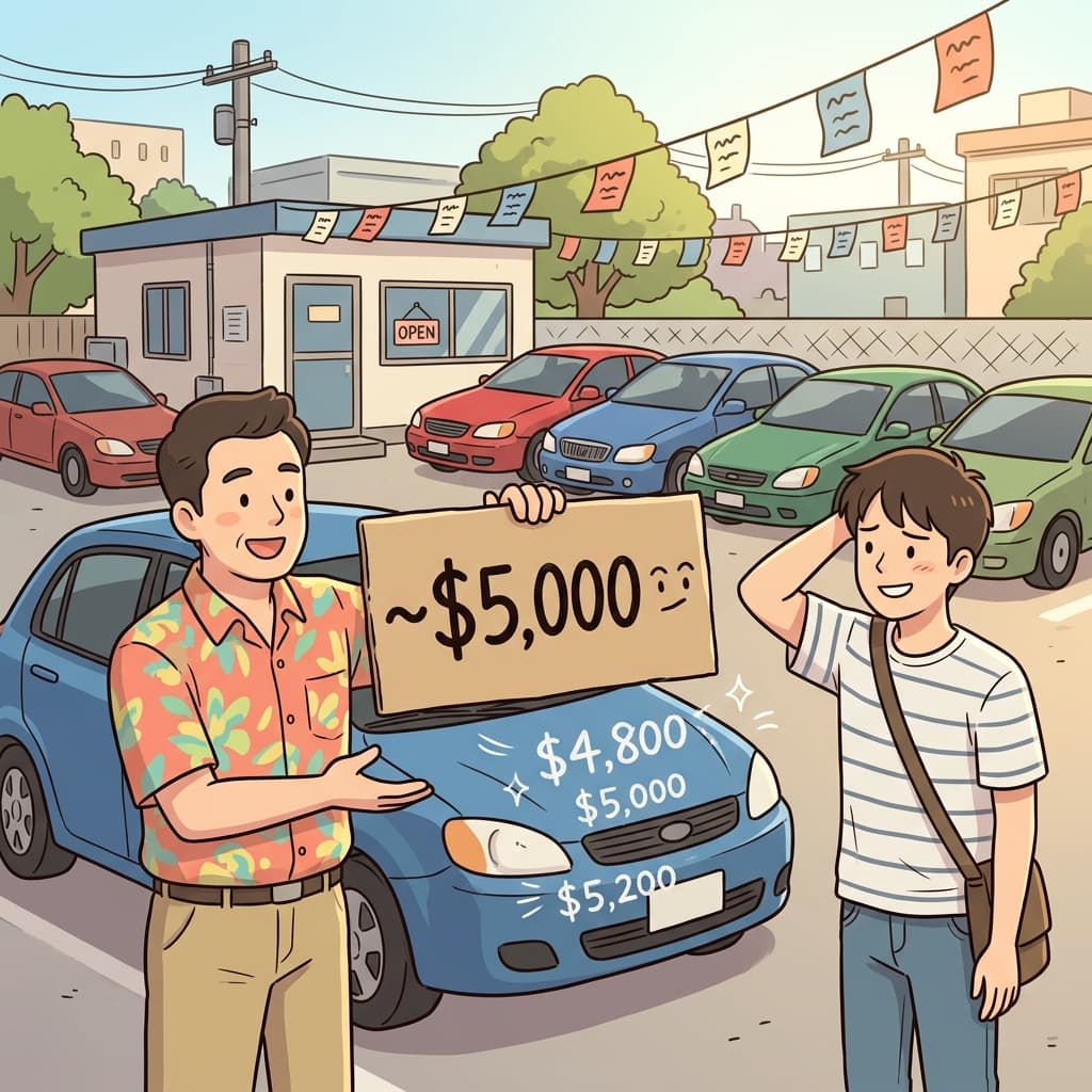 중고차 가격이 대략 오천 달러쯤 된다고 딜러가 말한다.