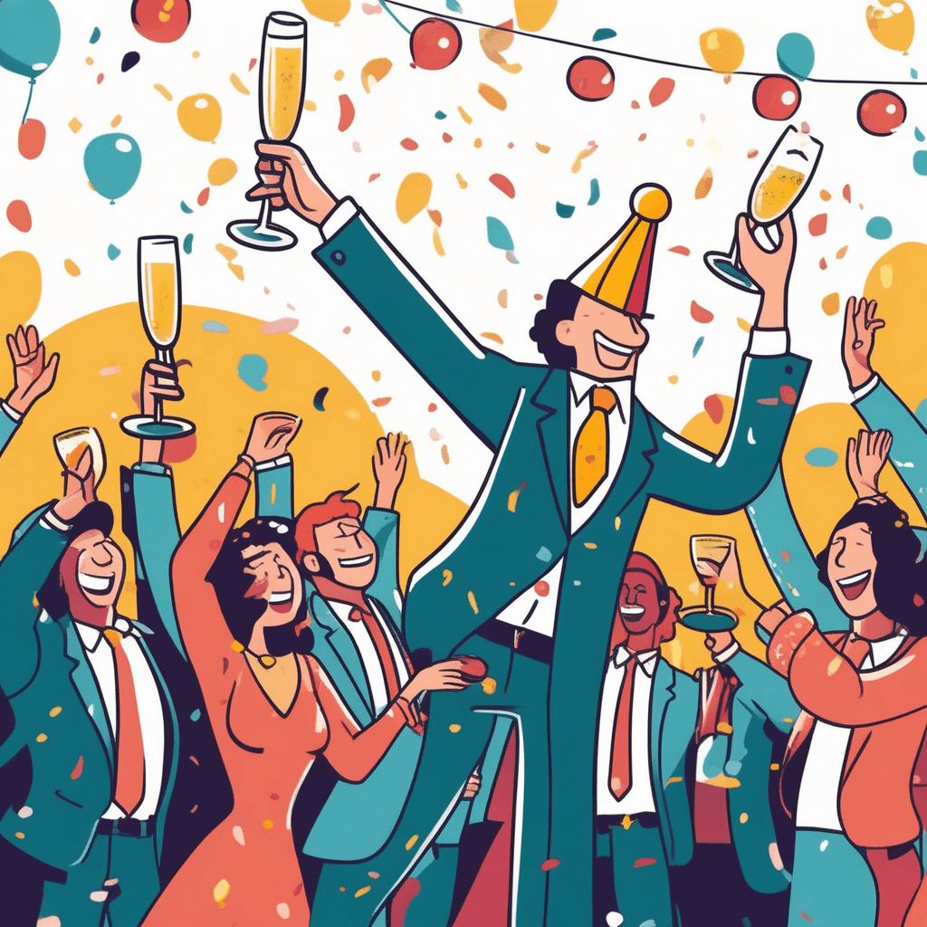 인(人)이 셀러 파티에서 회사 성공을 기념하여 축배를 든다!