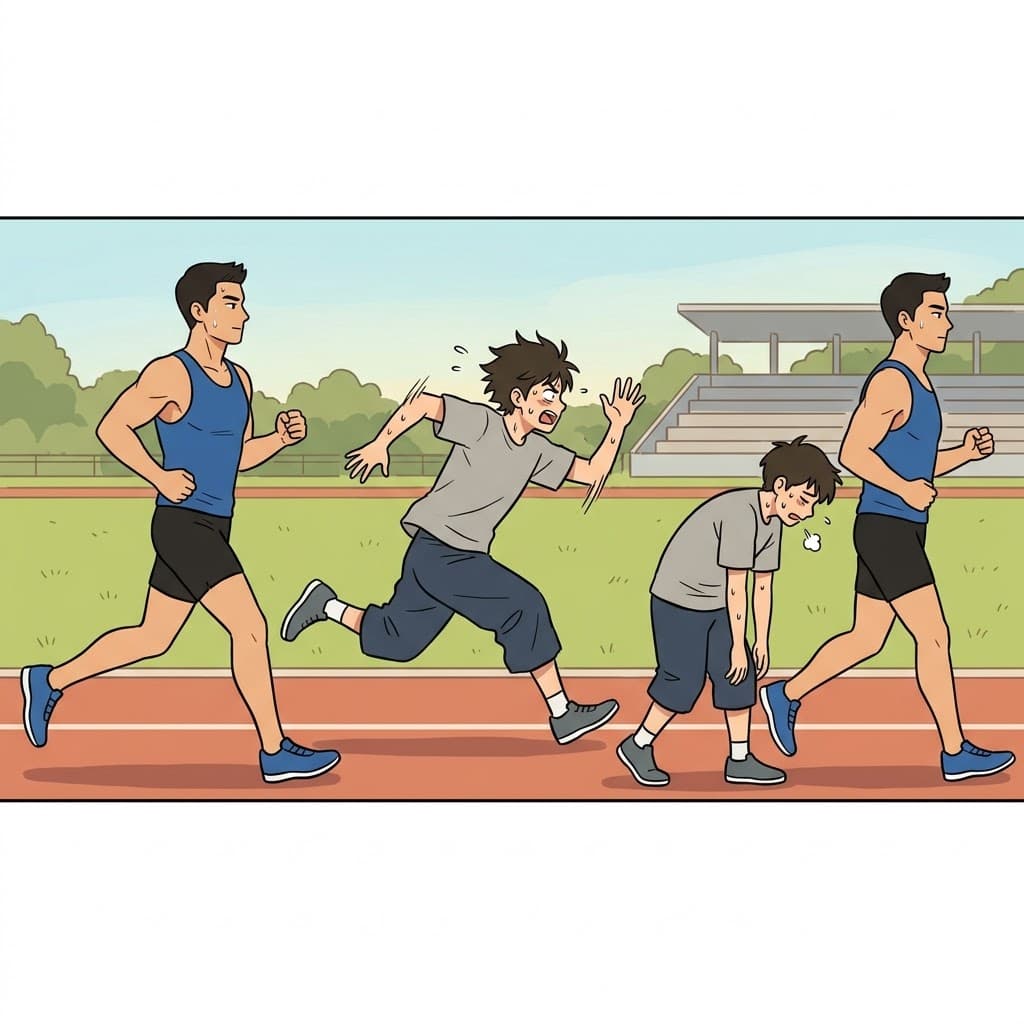 완벽하게 일정한 페이스를 유지하는 끈질긴(persistent) 선수와 달리, 지친 초보자의 속도는 완전히 불규칙하고 일관성이 없었다(inconsistent).