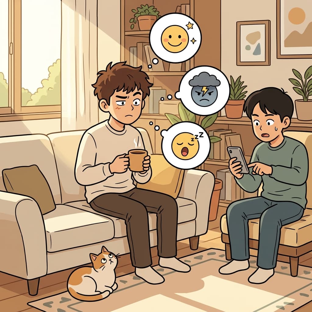그의 기분은 몇 분 사이에도 확확 바뀐다.