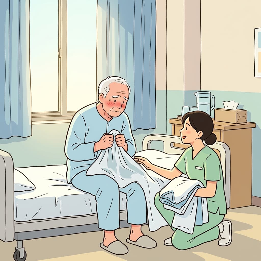 할아버지는 실수하신 게 부끄러웠지만, 간호사는 따뜻하게 웃어줬다.