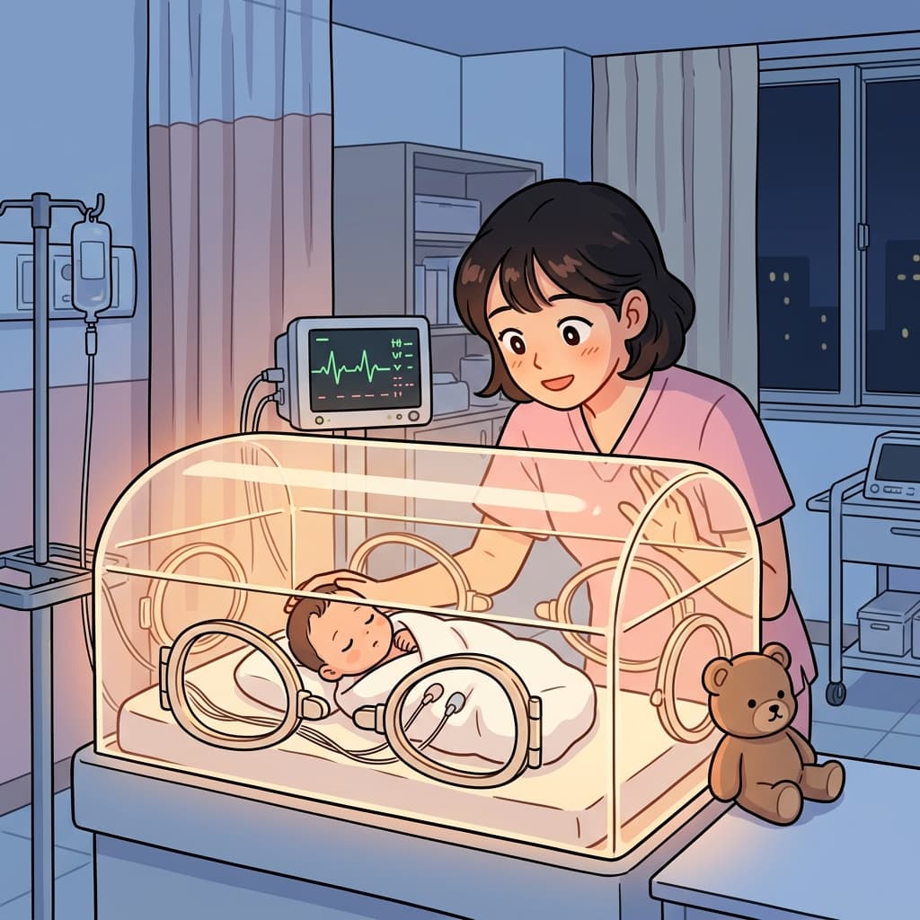 인큐베이터 안에서 작은 아기가 따뜻하게 숨을 쉬고 있다.