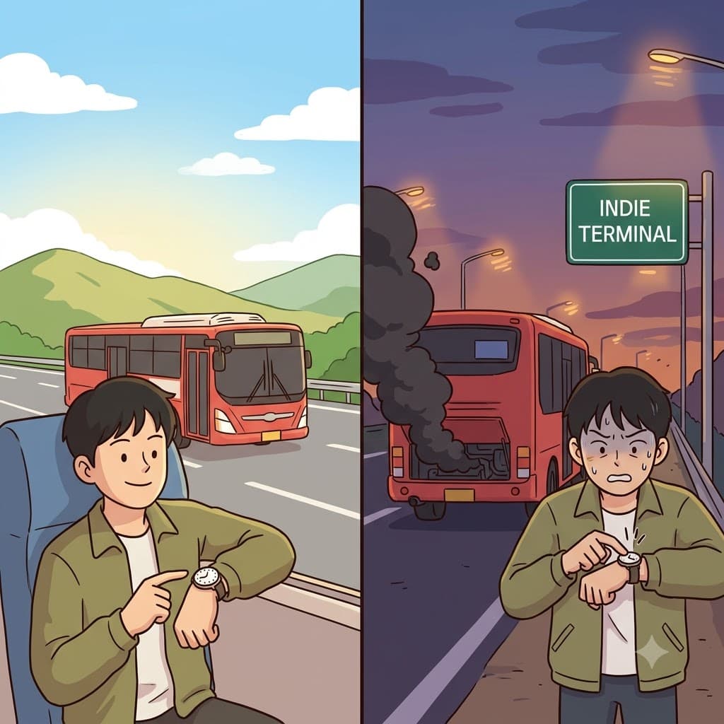 "인디(inde) 터미널(termin)에 여덟 시(ate/eight) 도착?" 버스가 고장 나며, 그들의 도착 시간은 완전히 불확실해졌다(indeterminate).