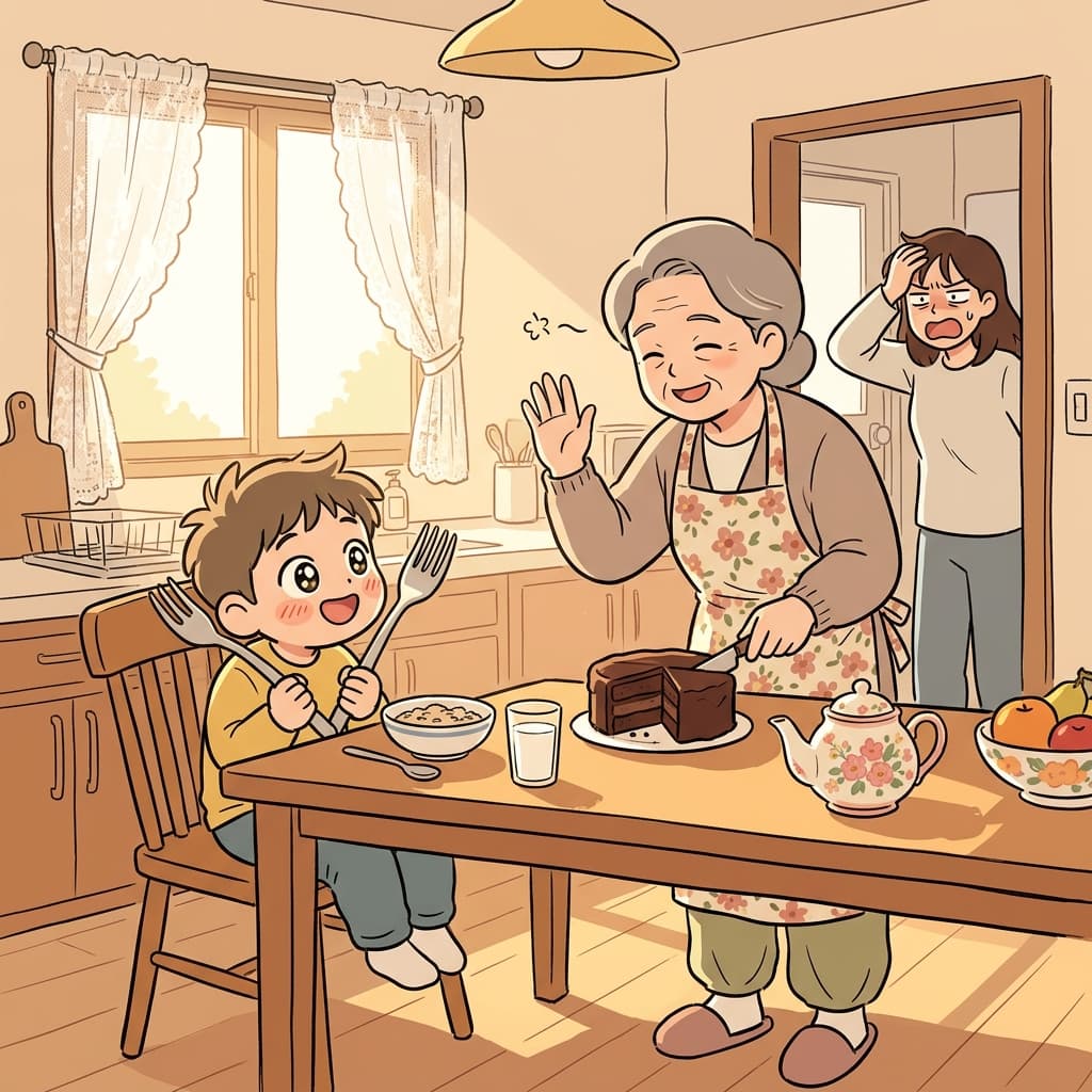 할머니는 손자에게 너무 관대해서 아침부터 케이크를 먹게 해준다.