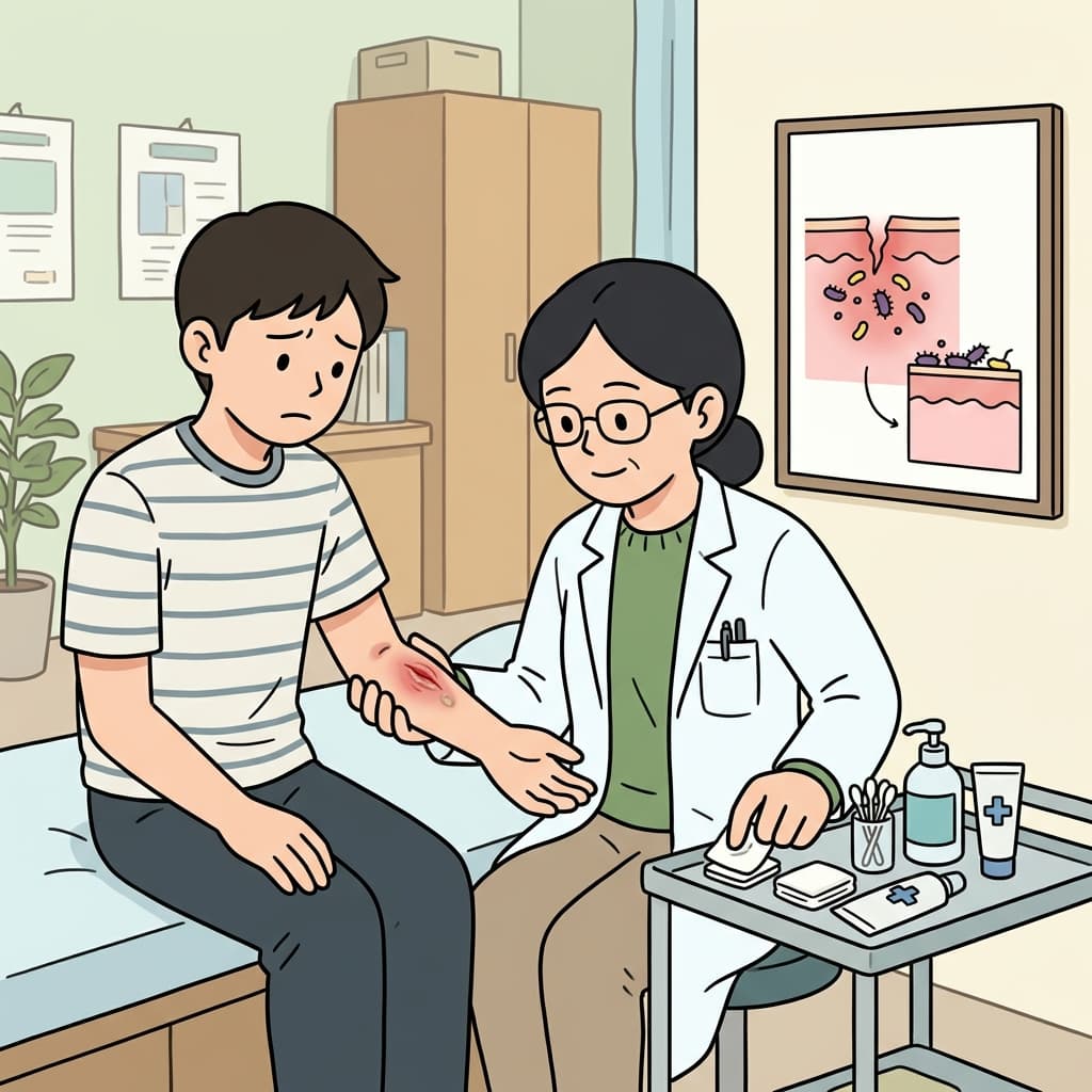 그 상처는 며칠 동안 치료되지 않은 채 방치되어 감염되었다.