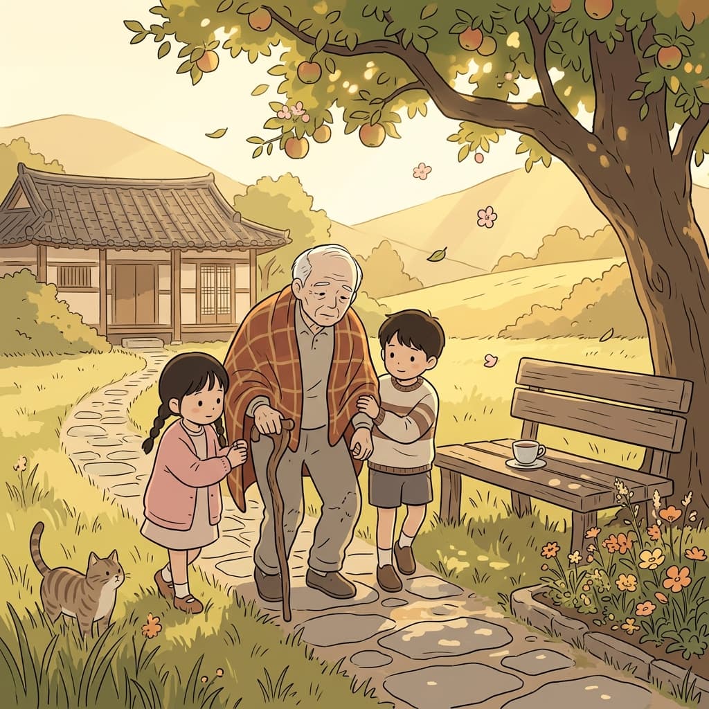 몸이 쇠약한 할아버지가 지팡이에 기대며 손주들의 부축을 받는다.