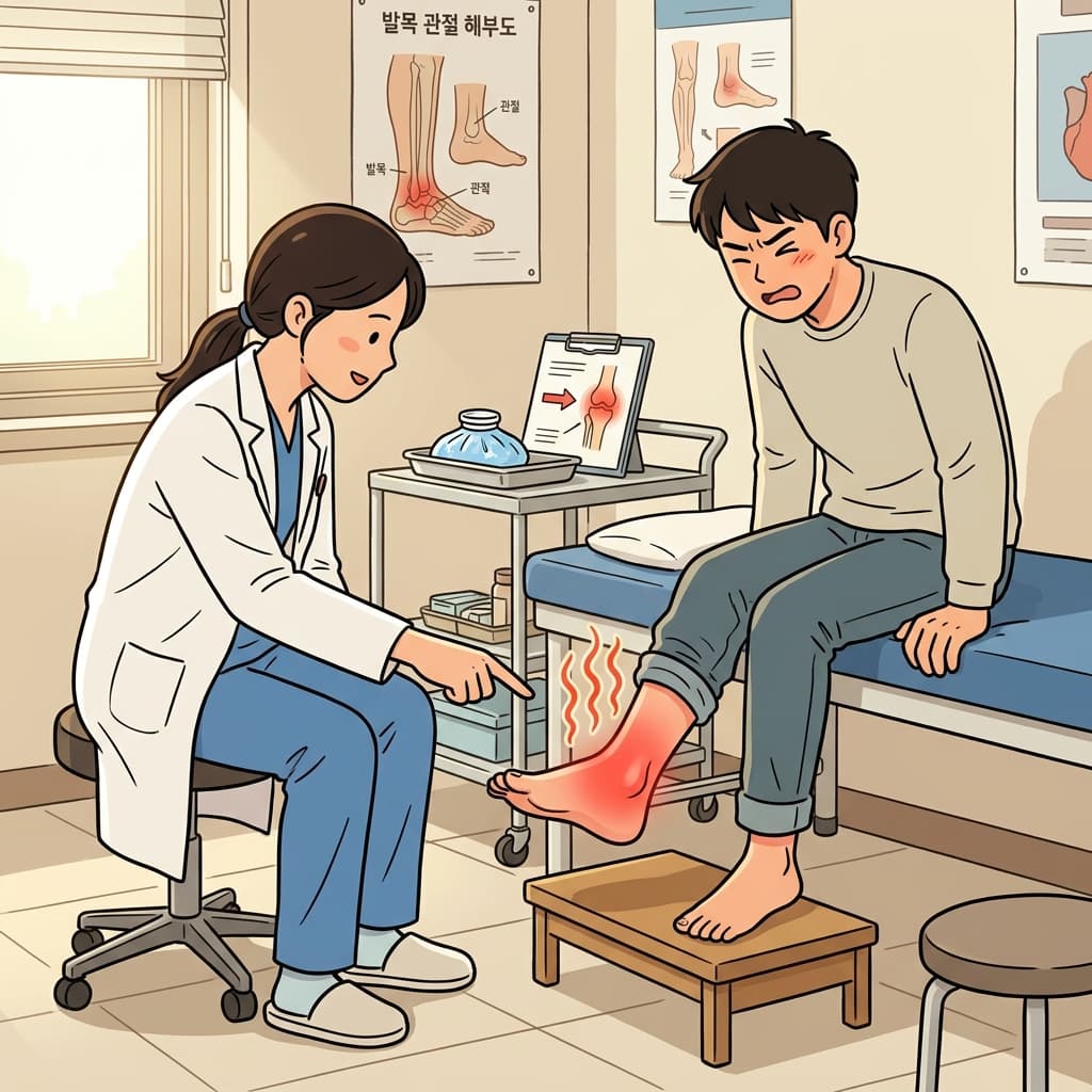 발목이 벌겋게 부어올라 열까지 나고 있다.