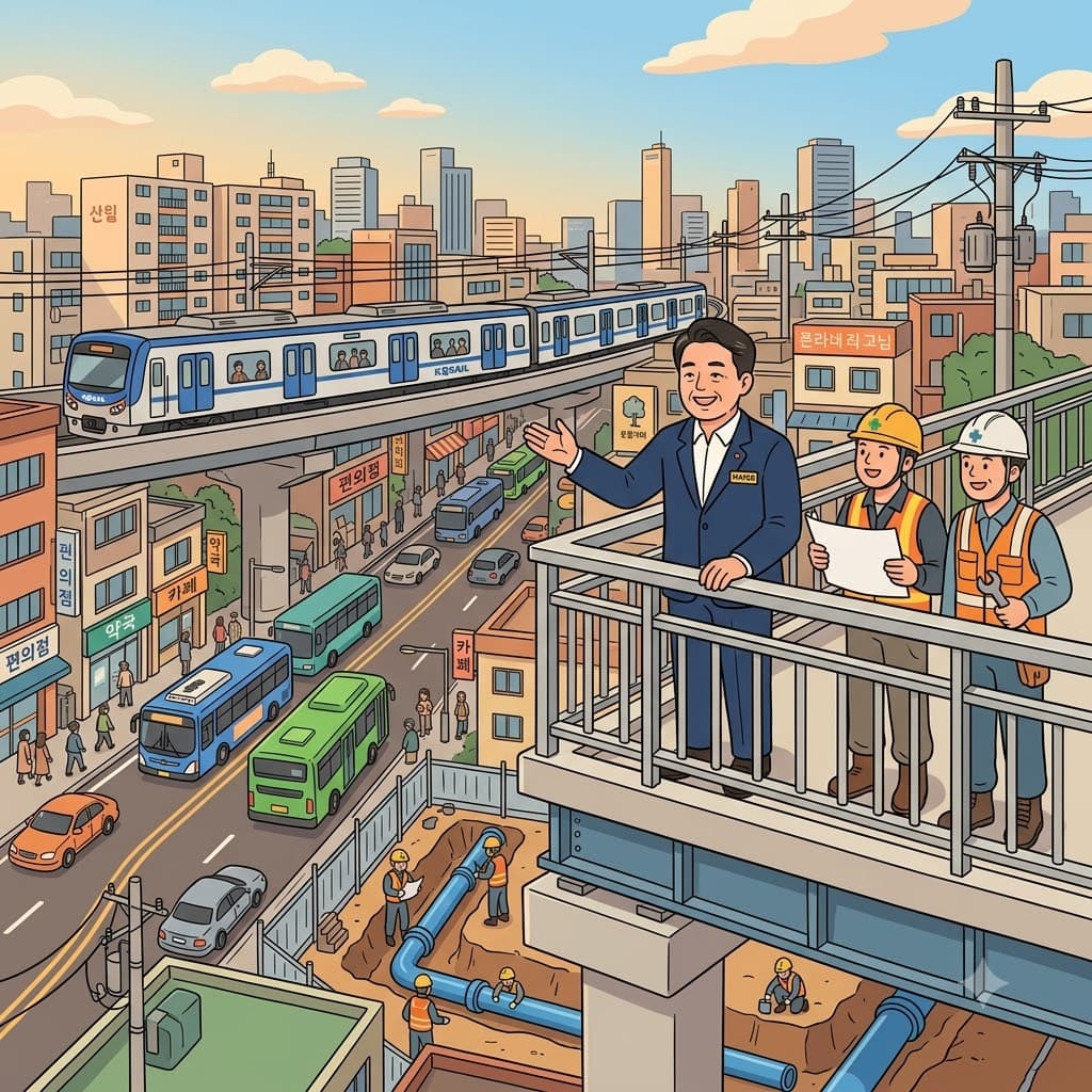 시장이 도로와 다리, 전력망을 건설하는 모습을 보며 “인프라!”라고 외쳤다.