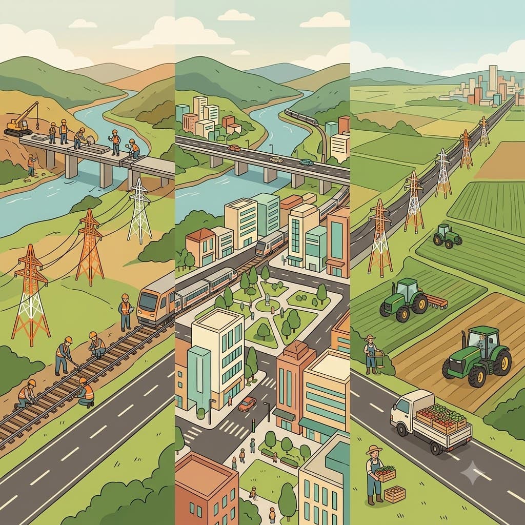 새로운 기반 시설(infrastructure)은 현대 건축(architecture)을 뒷받침했고 도시 밖 농업(agriculture)도 발전시켰다.