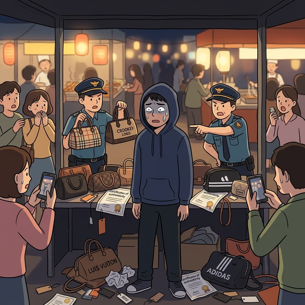 짝퉁 명품 가방을 팔다가 단속반에 딱 걸렸다.