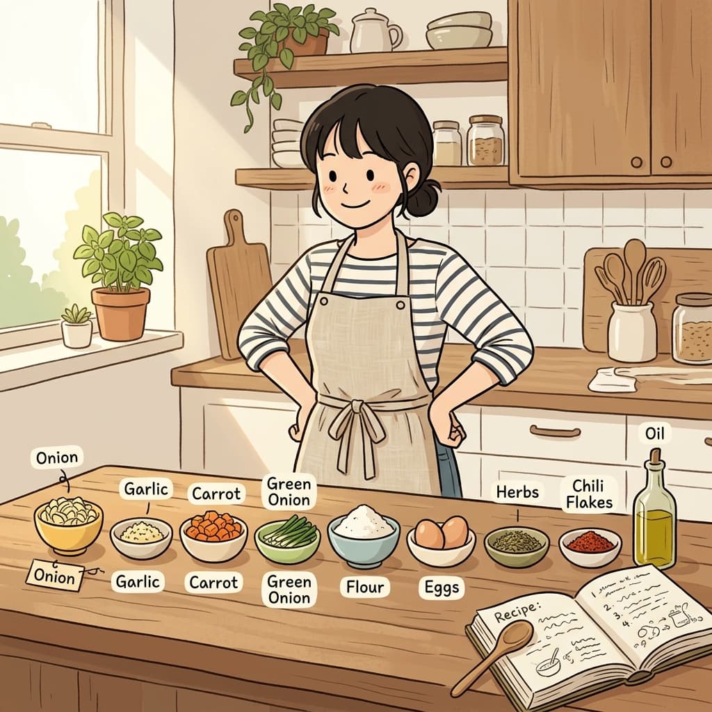 요리 시작 전에 재료를 전부 늘어놨다.