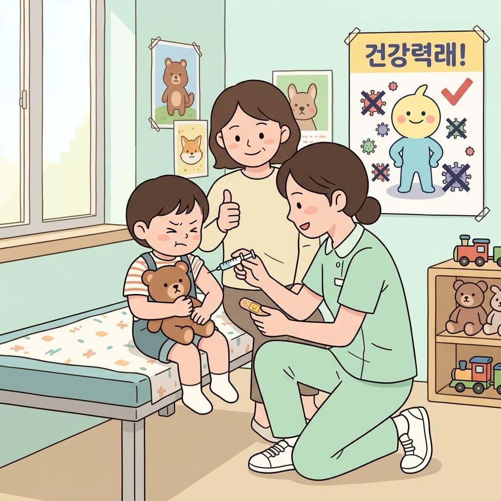 간호사가 아이에게 홍역 예방 접종을 놔주고 있다.