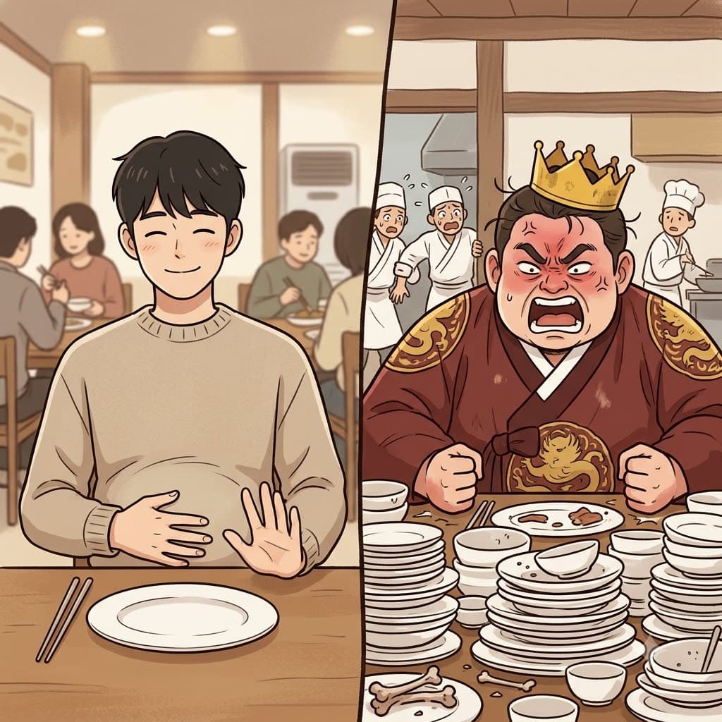 끝없는 평범한 손님이 한 접시를 비운 뒤 미소 지으며 배를 두드린 반면, 탐욕스러운 왕의 굶주림은 완전히 만족할 줄 몰라서(insatiable) 분노하며 또 다른 산더미 같은 음식을 요구했다.