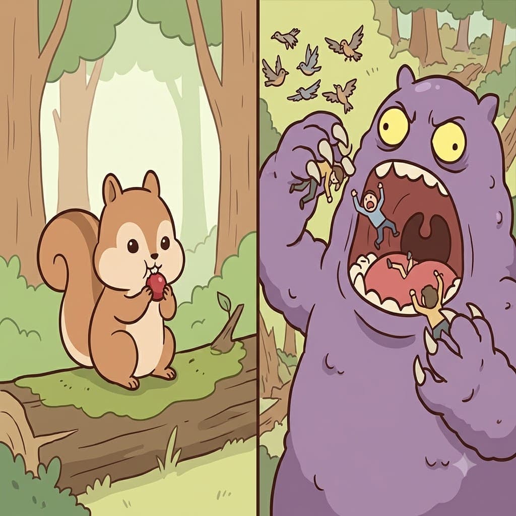 "인(in)간과 새(sa)를 다 씹을(tiable/셔블) 테다!" 눈에 보이는 모든 것을 먹어 치우며, 괴물은 만족할 줄 모르는(insatiable) 식욕을 보였다.