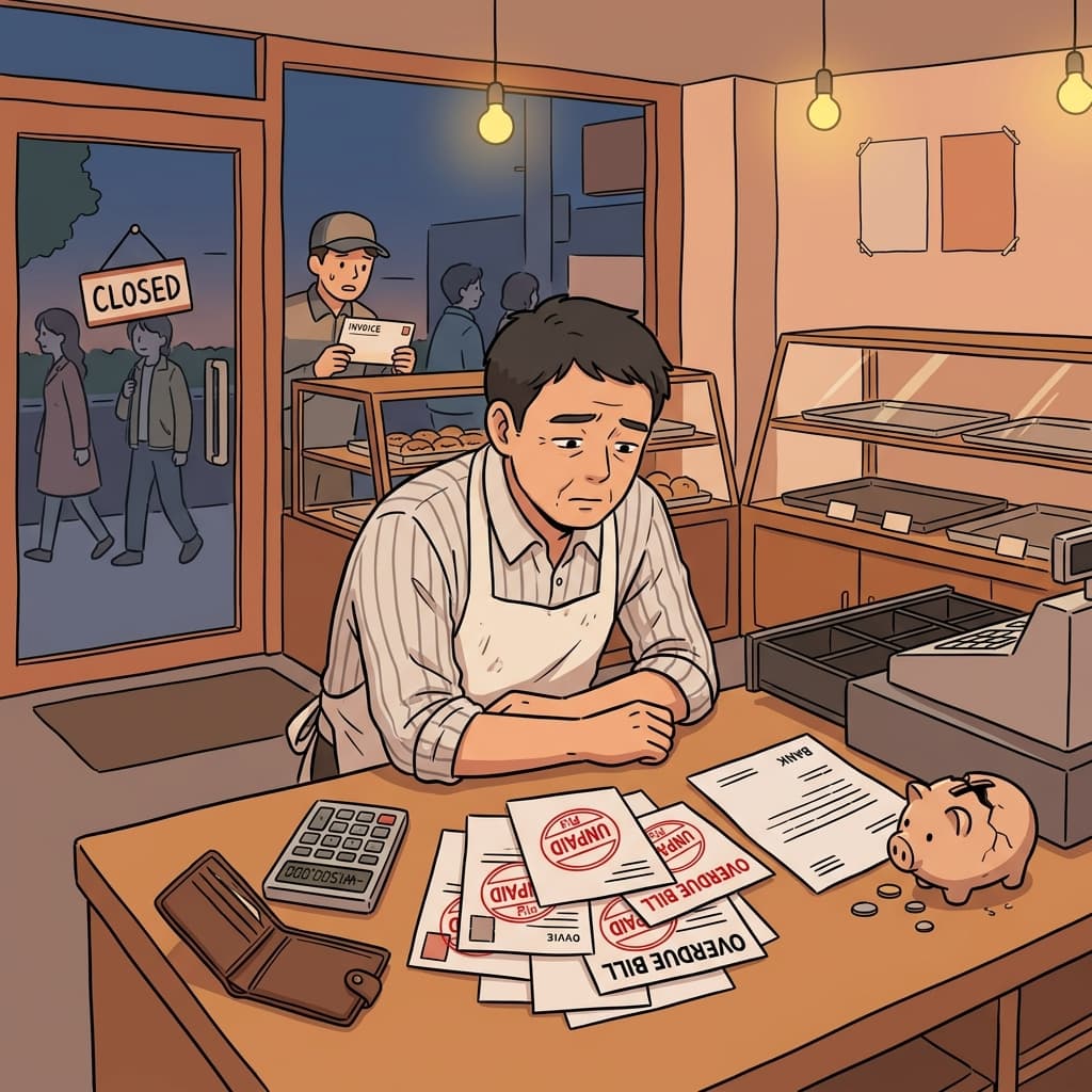 빵집 주인은 밀린 청구서를 보며 결국 파산 상태에 이르렀다.