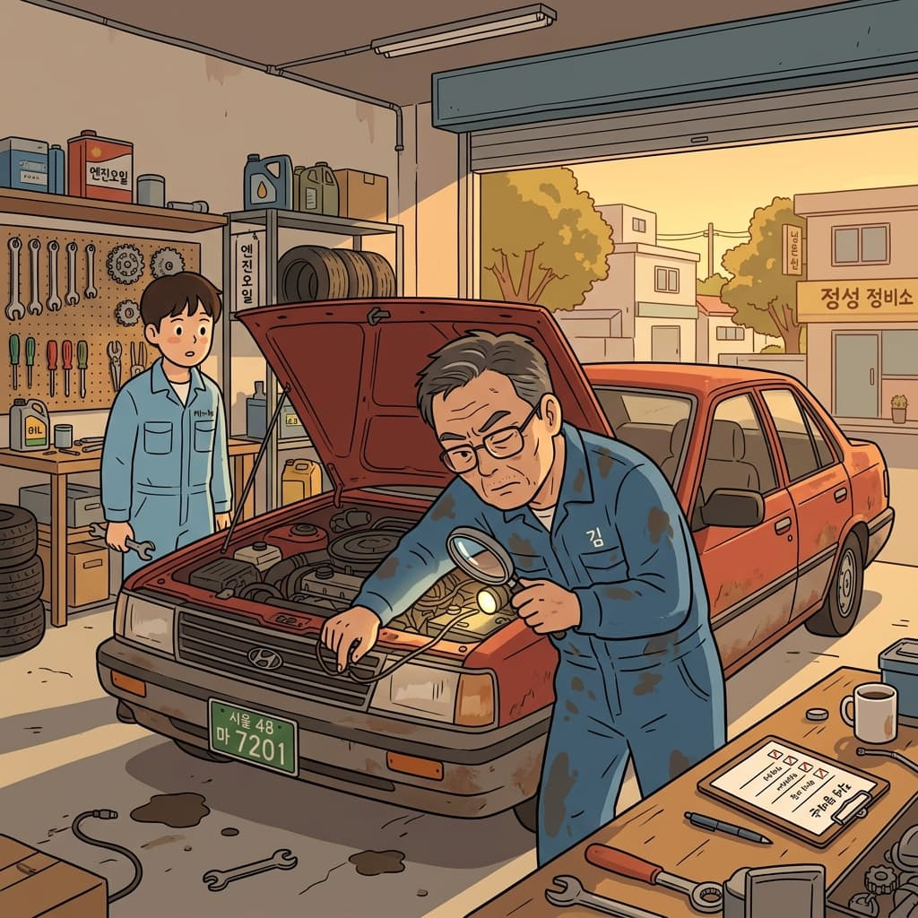 정비사가 낡은 엔진 구석구석을 꼼꼼히 살펴본다.