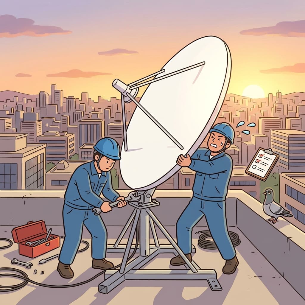 기술자들이 옥상에 거대한 위성 안테나를 설치하고 있다.