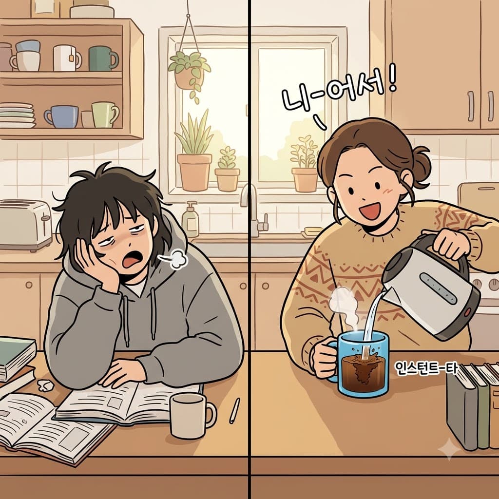 "인스턴트(instant) 커피에 물을 타(ta)자마자 바로 마실 수 있네!" 커피가 순식간에(instantaneously) 녹아내렸다.