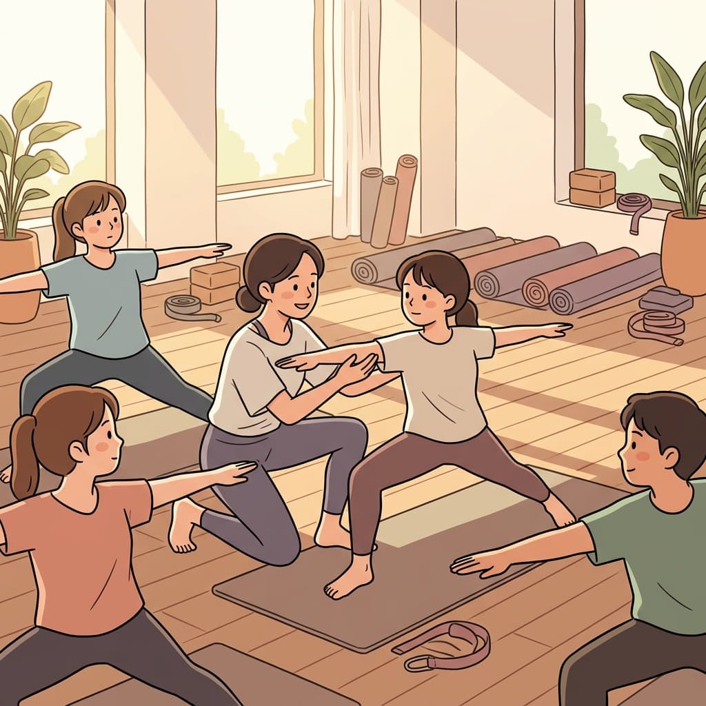 요가 강사가 학생의 자세를 살짝 잡아준다.