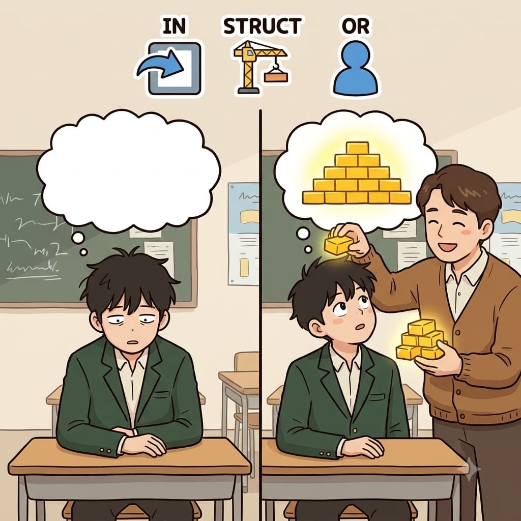 IN(안으로) + STRUCT(세우다/건축하다) + OR(사람) — 학생의 마음 안으로(IN) 새로운 지식을 직접 세우기(STRUCT) 위해 적극적으로 노력하며, 그 헌신적인 사람(OR)은 훌륭한 강사(instructor)가 되었다.
