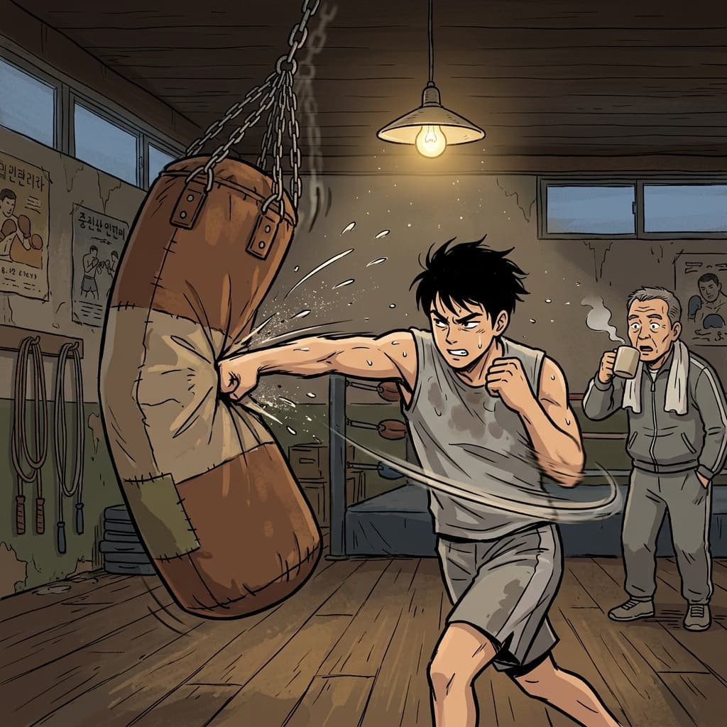 권투 선수가 엄청난 집중력으로 미친 듯이 훈련하고 있다.