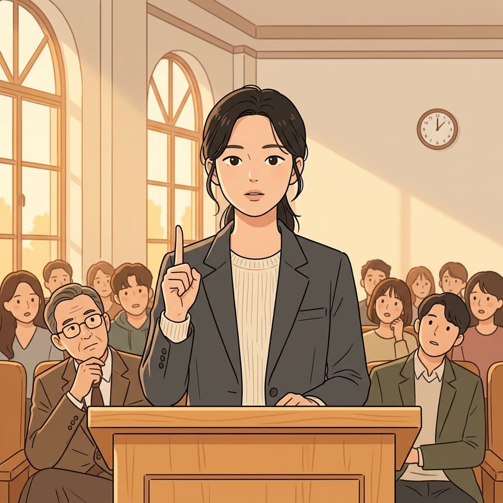 그녀는 어려운 질문 앞에서 일부러 잠시 멈췄다.