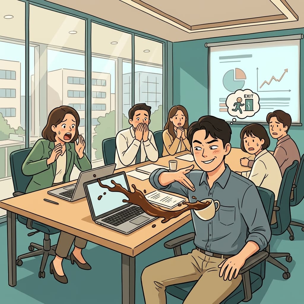 어색한 회의를 피하려고 일부러 커피를 쏟았다.