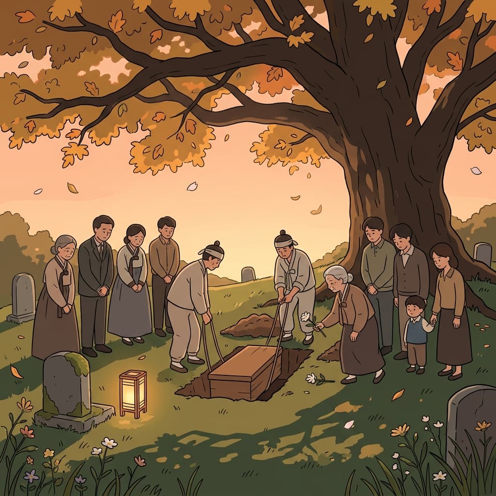 마을 사람들이 해질녘에 오래된 참나무 아래 어르신을 묻으며 작별을 고한다.