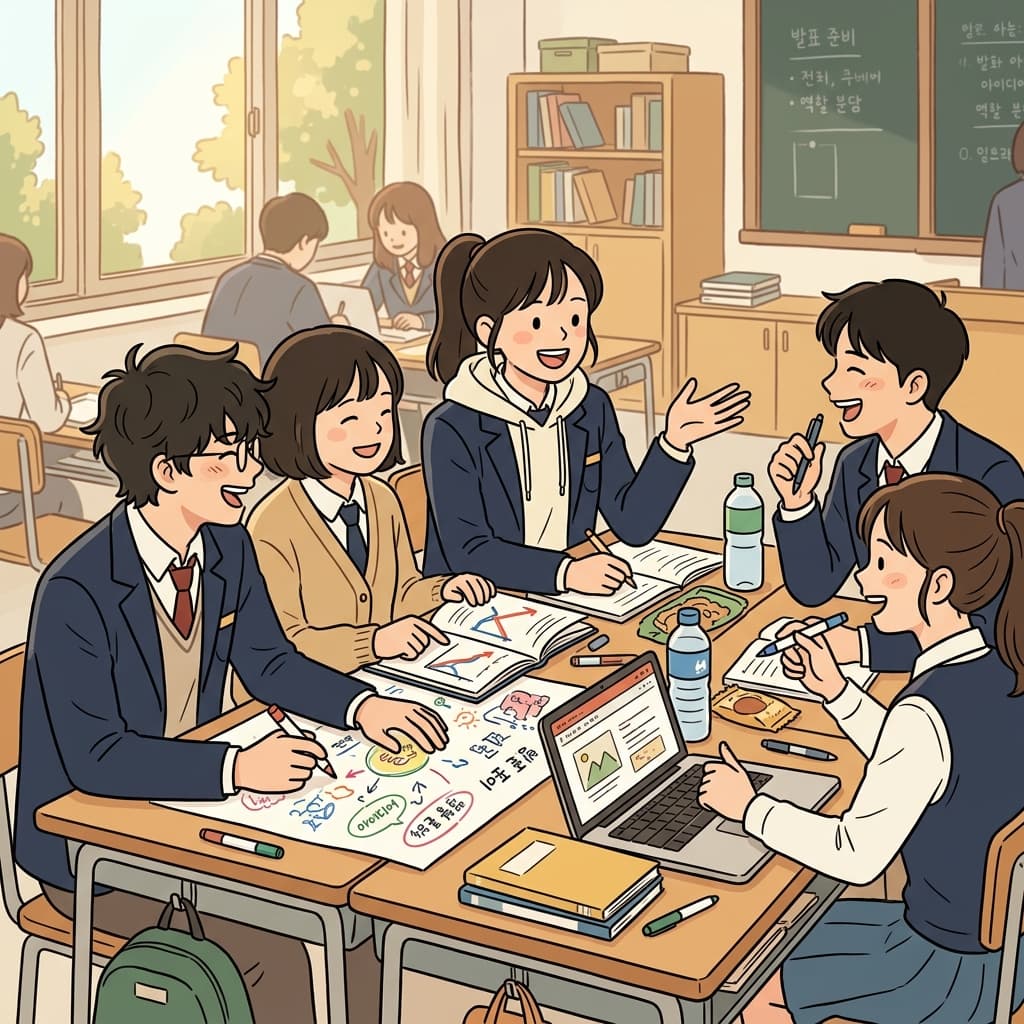 학생들은 조별 활동 동안 서로 상호작용했다.