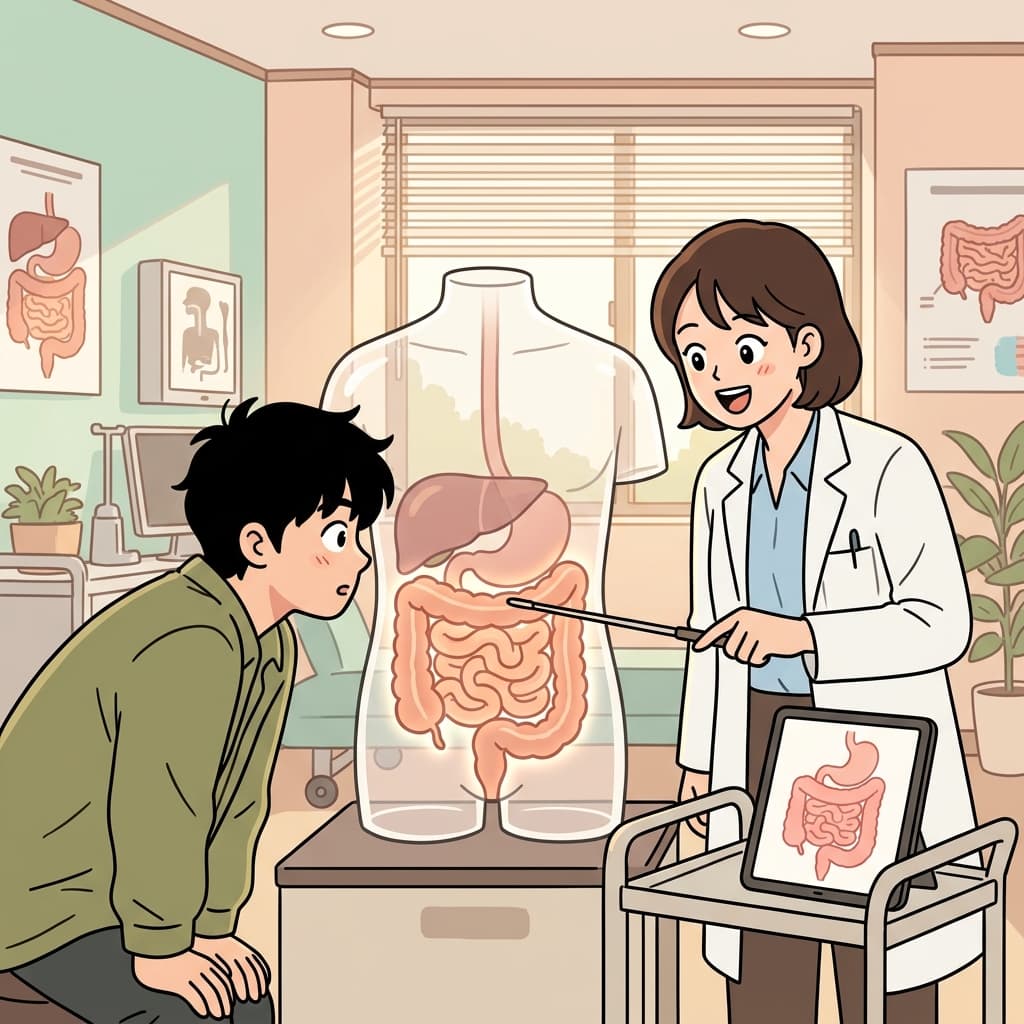 의사가 환자에게 장 건강에 대해 모형으로 설명하고 있다.