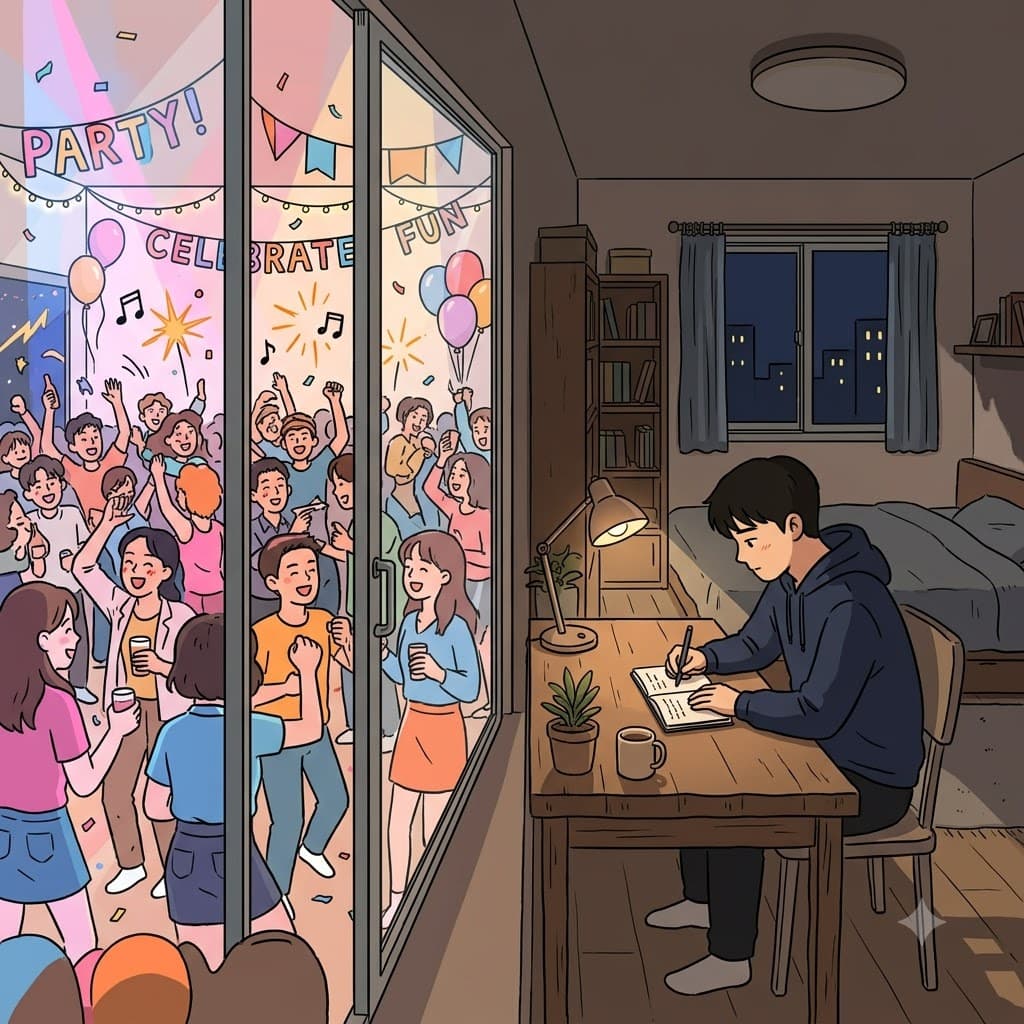 유리문 밖에서 시끄러운 파티가 계속되는 동안, 조용한 남자는 혼자 앉아 깊이 자기 성찰적인(introspective) 기분으로 일기장에 글을 썼다.
