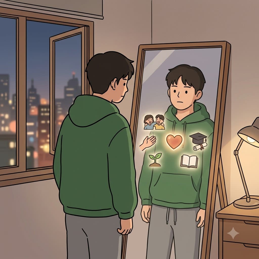 "시선을 안(in)으로 틀어(tro) 스펙(spec)을 봐!" 그는 거울로 시선을 돌려 자신의 삶에 대한 자기 성찰적인(introspective) 평가를 시작했다.