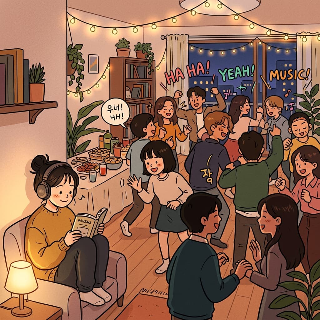 시끄러운 파티에서 그녀는 조용히 구석에 앉아 책만 읽는다.