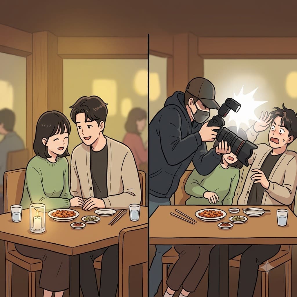 커플이 사적인 저녁 식사를 즐긴 반면, 파파라치는 그들의 테이블 위로 카메라를 공격적으로 들이밀며 매우 방해되고 거슬리는(intrusive) 개입을 했다.