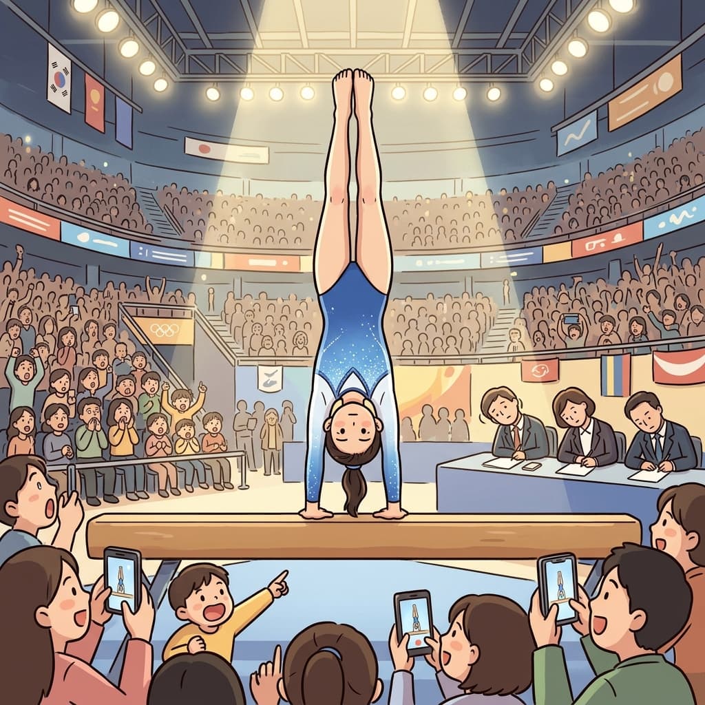 체조 선수가 물구나무를 서자 관중이 숨을 죽였다.