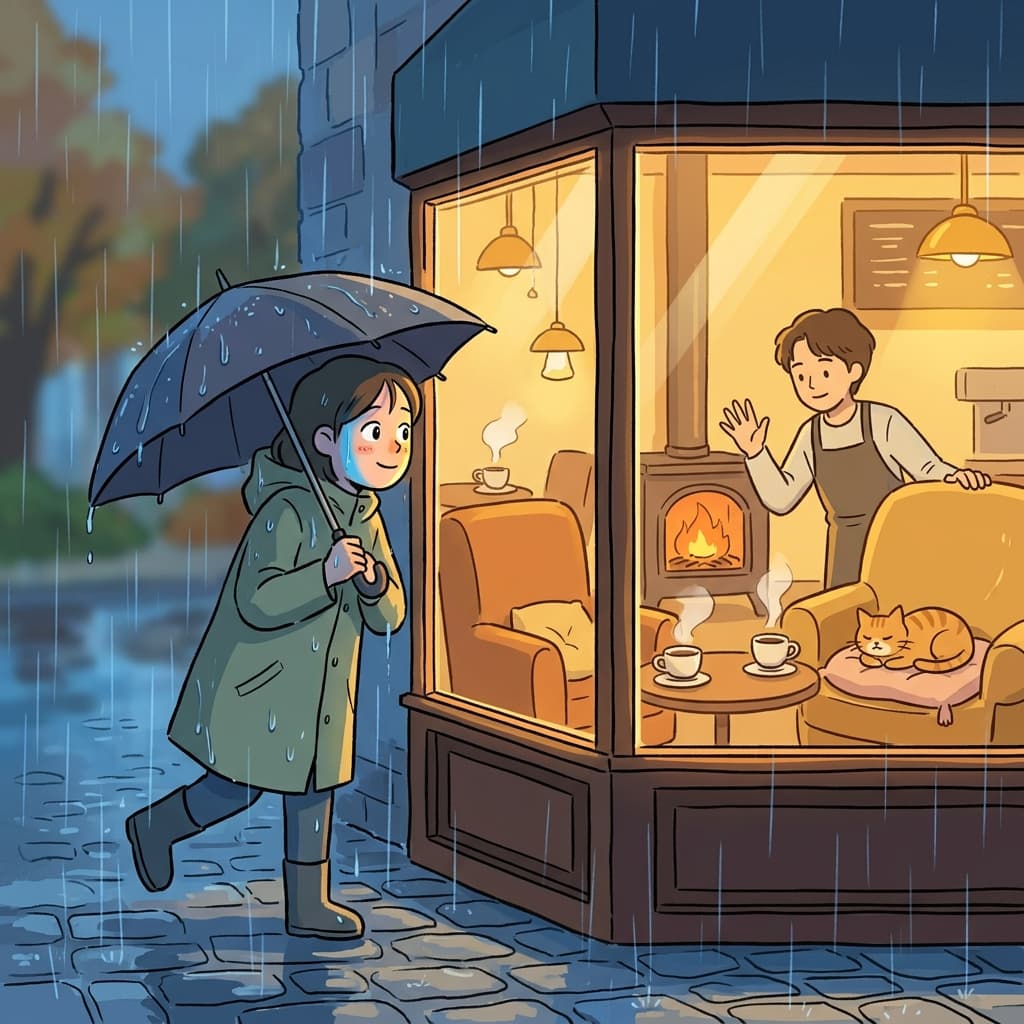 비 오는 저녁, 그 카페는 정말 들어가고 싶게 생겼다.