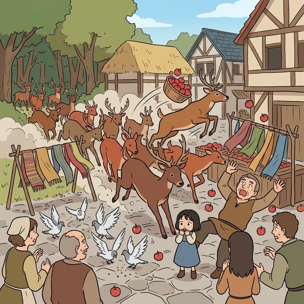 사슴 떼가 조용한 마을 광장으로 갑자기 뛰어들어 온통 아수라장이 됐다.