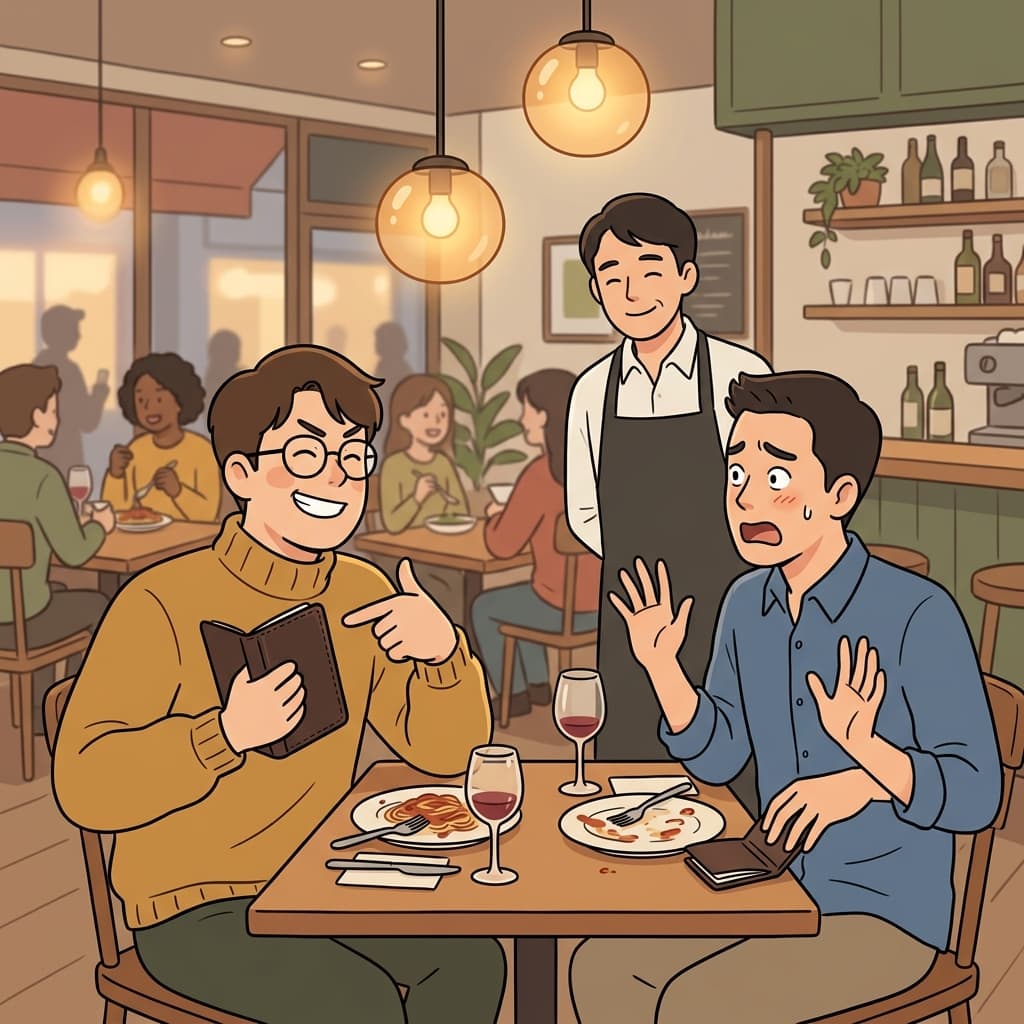 오랜만에 만난 친구 앞에서 그가 웃으며 계산서를 가져갔다.