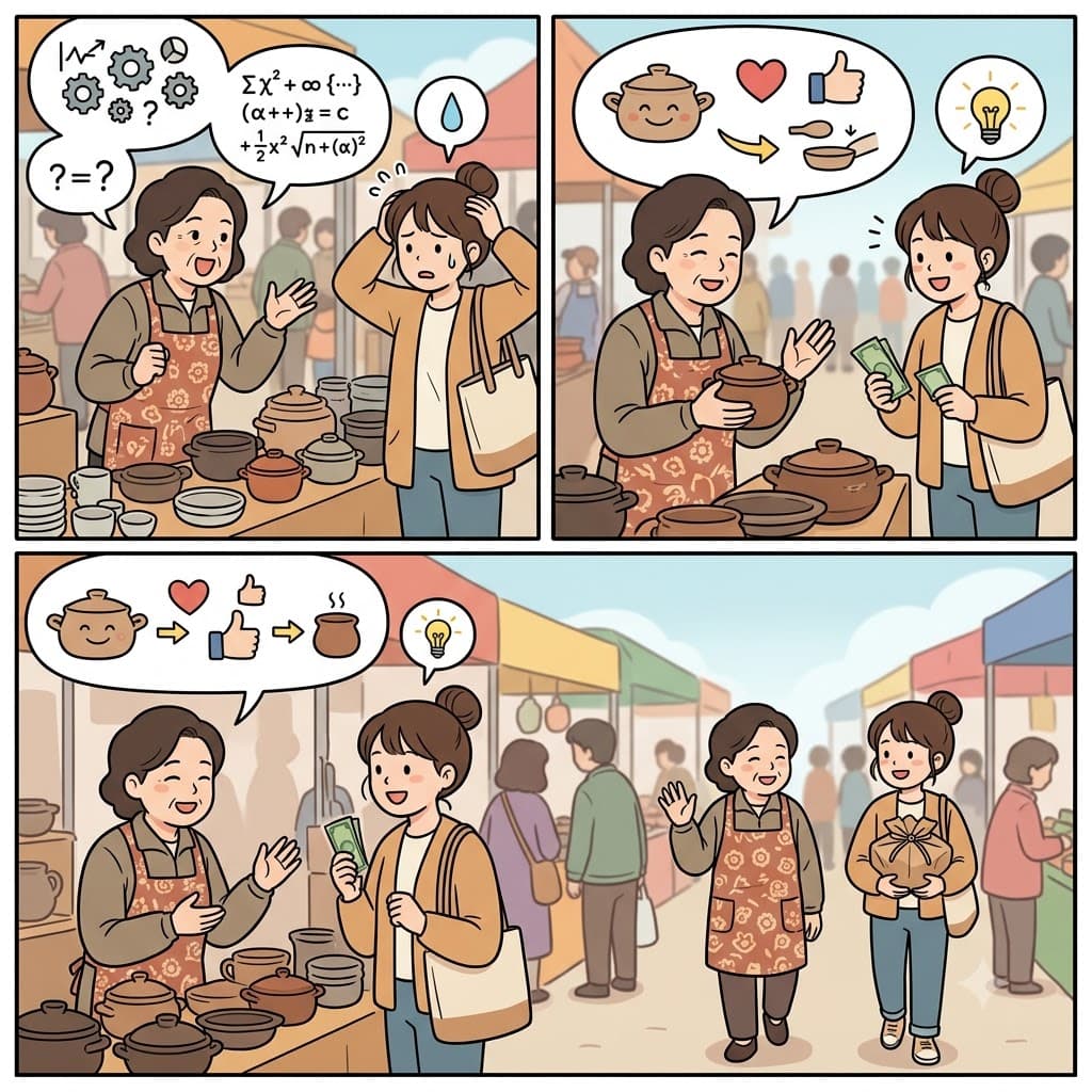 판매원은 전문 용어(jargon)를 빼고 쉽게 설명한 덕분에 시장(market)에서 좋은 거래(bargain)를 성사시켰다.