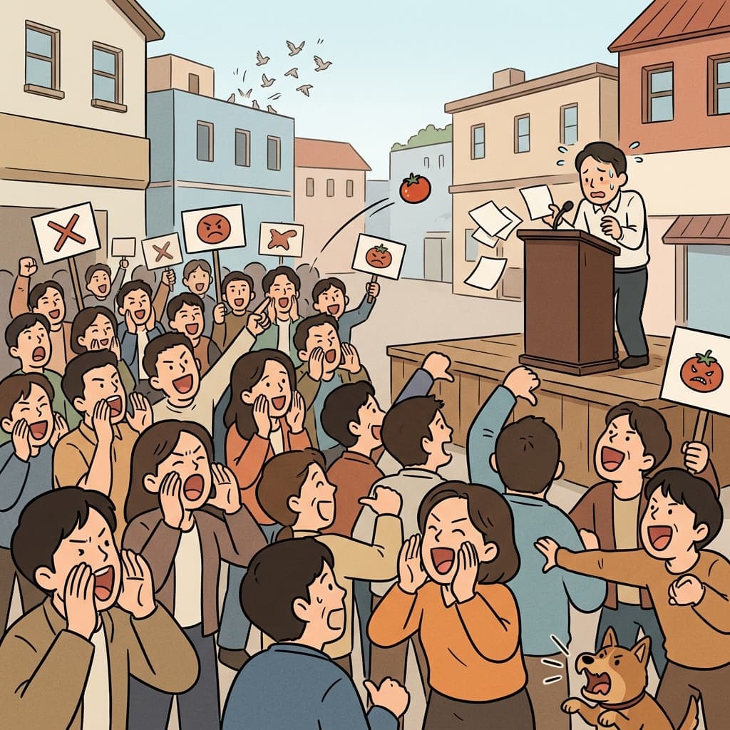 정치인이 말을 더듬자 군중이 야유를 퍼붓기 시작했다.
