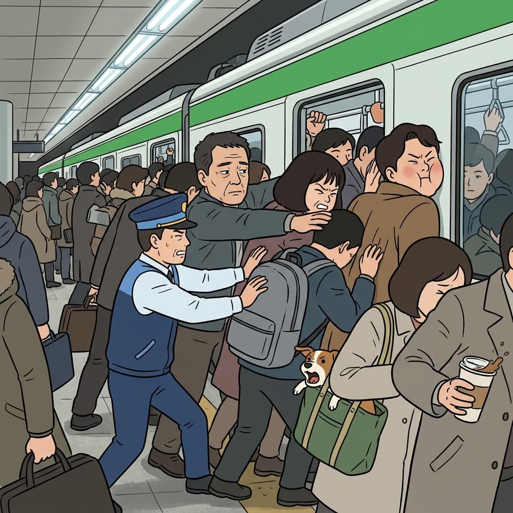 출근길 지하철에서 사람들이 서로 밀치며 비집고 들어간다.