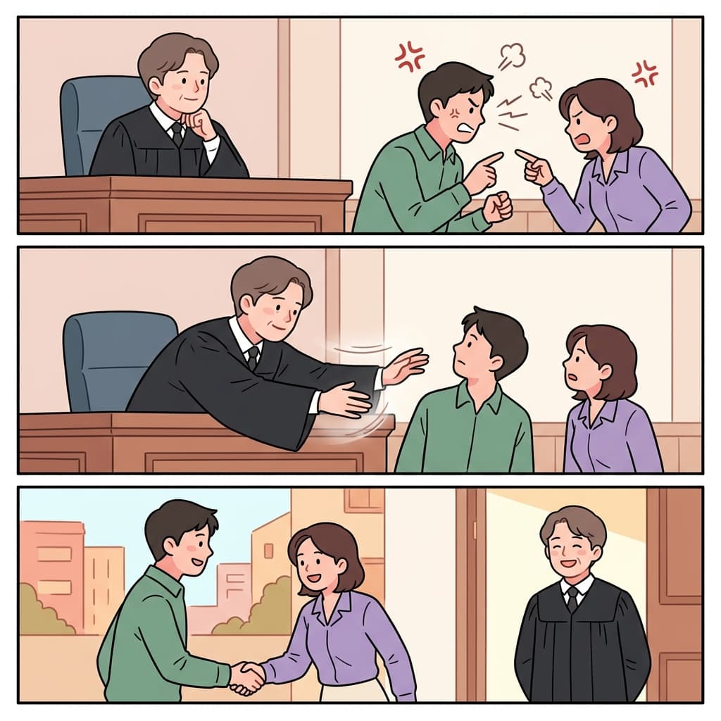 판사는 어느 한쪽도 앙심을 품지 않도록 화해를 권했다.