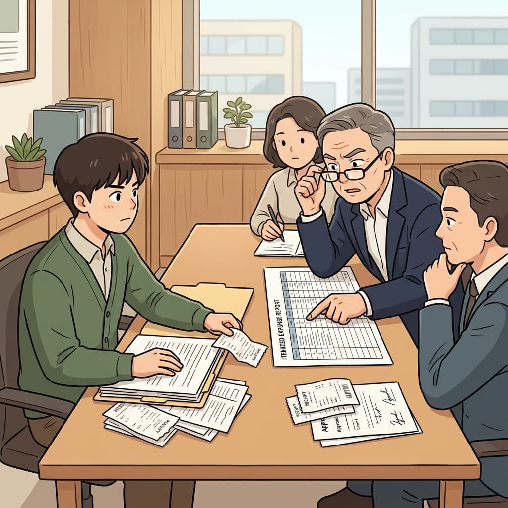 회계사는 영수증을 하나씩 보여 주며 모든 지출에 대한 정당한 근거를 제시했다. ("Just(정당)함을 단지(just) 영수증 하나로 입증한다.")
