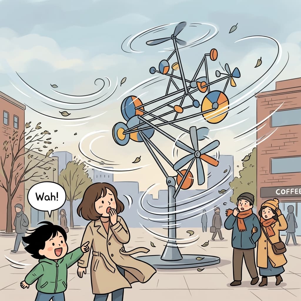 바람이 불자 광장의 키네틱 조각이 신나게 돌아간다.