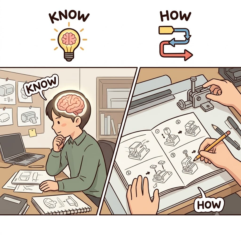KNOW (알다) + HOW (방법) — 무엇을 알아야(KNOW) 하는지와 그것을 만드는 정확한 방법(HOW)을 결합함으로써, 엔지니어는 노하우(know-how)를 통달했다.