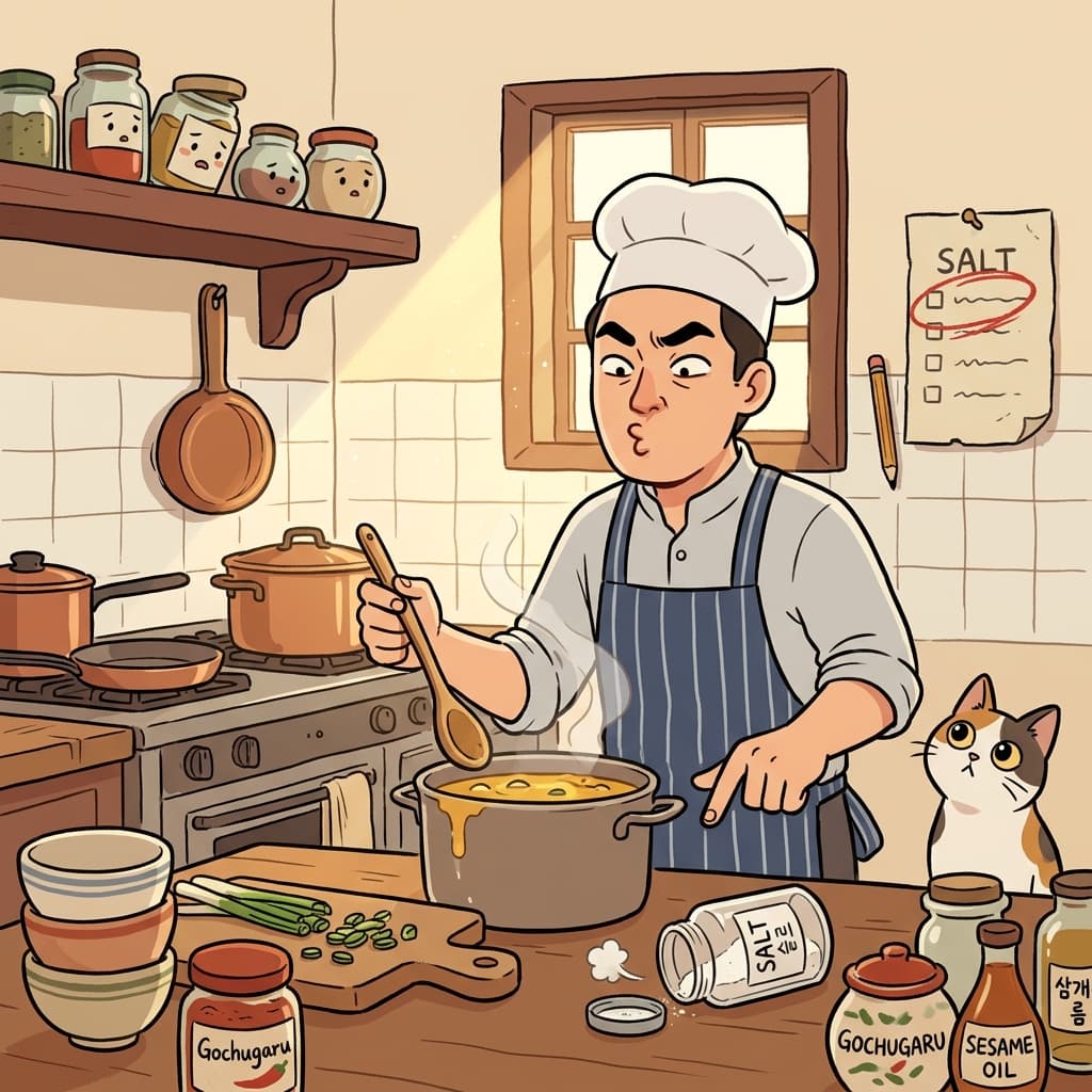 국이 너무 심심해서 셰프가 첫 입에 인상을 찌푸린다.