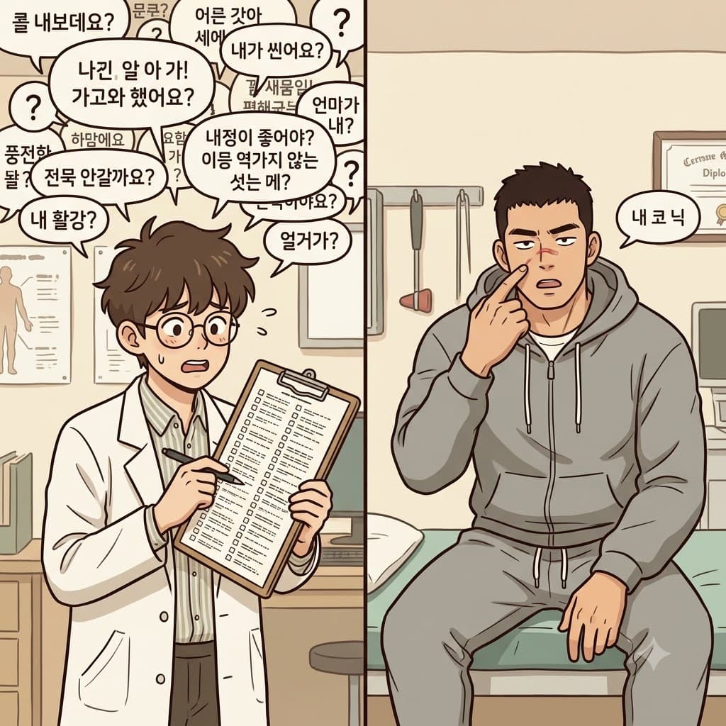 "내(la) 코(co) 닉(nic/흠집) 났어!" 긴 질문들을 무시하고, 거친 복서는 자신의 부상에 대해 매우 간결하고 과묵한(laconic) 대답을 했다.